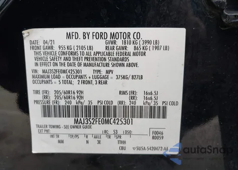2021 Ford Ecosport S from USA, damaged, VIN MAJ3S2FE0MC425301